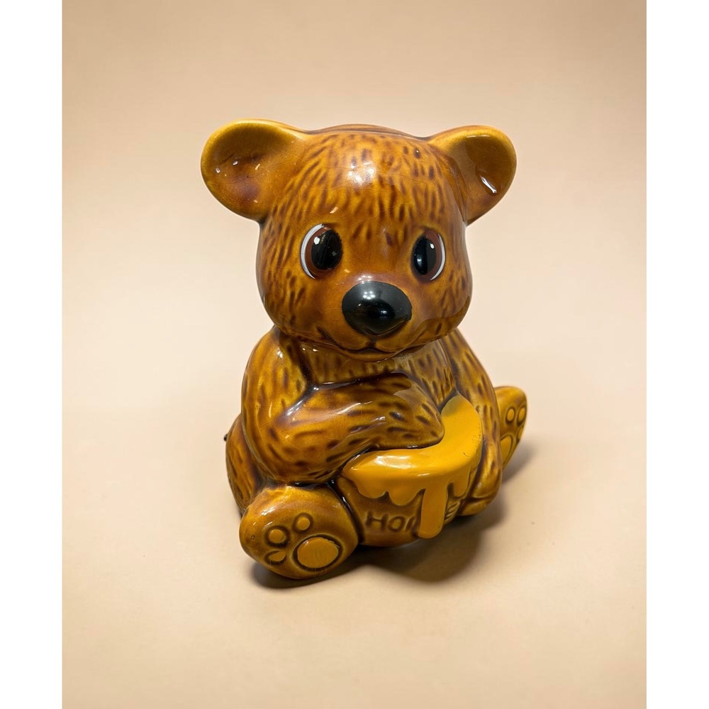 Vintage Brown Ceramic Honey Bear Jar with Lid Made in Taiwan Cottagecore Decor